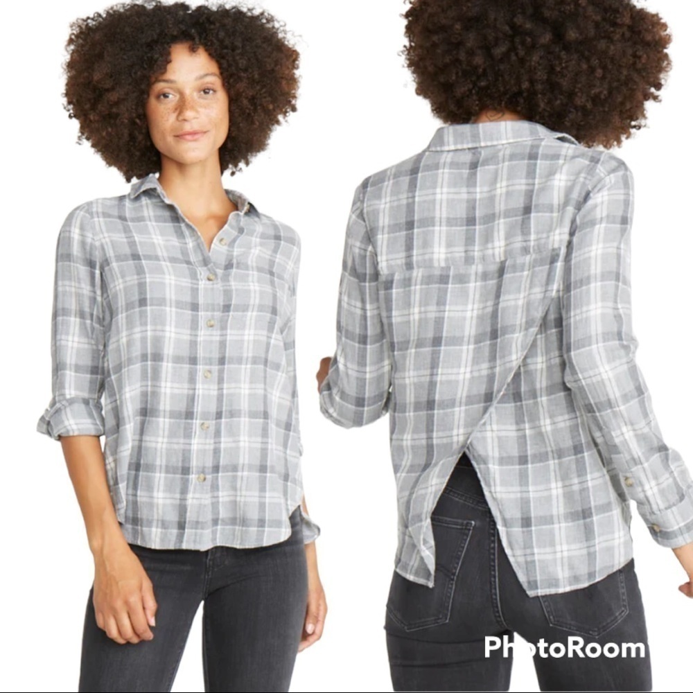 Marine Layer Meadow Button Down Gray‎ Plaid Open Back Size XS Fall Basic